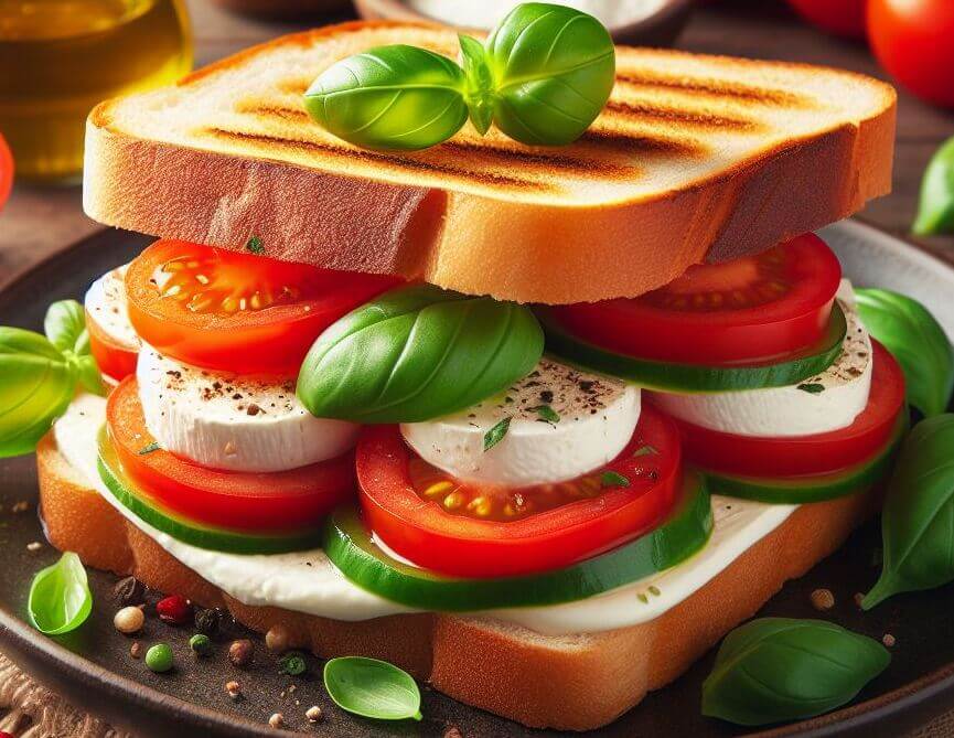 6. Caprese sandwich with tomato, mozzarella, and basil