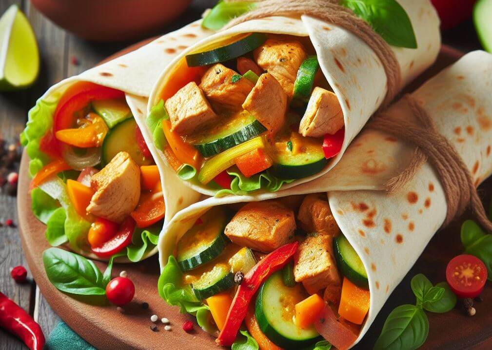 Chicken and vegetable curry wraps, exellent fast dinner idea
