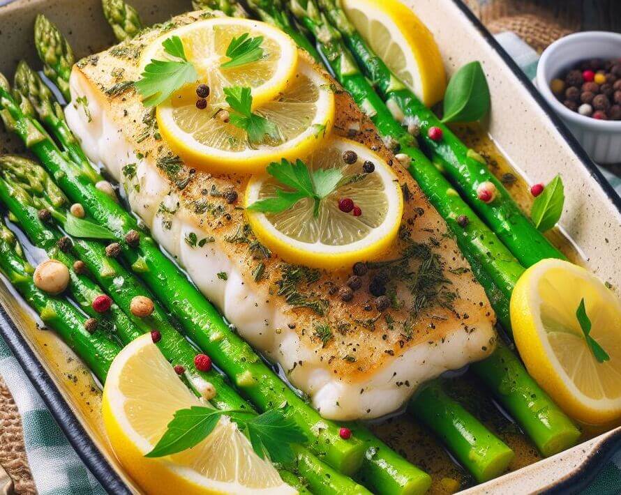 Lemon herb baked cod with asparagus, quick and easy dinner to serve and prepare
