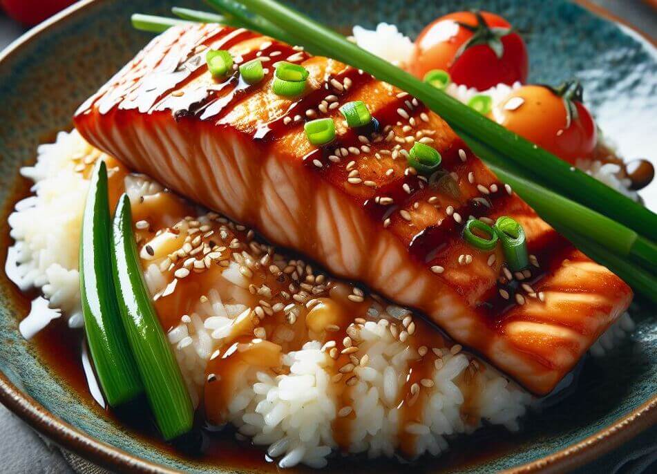 7. Teriyaki salmon with steamed rice