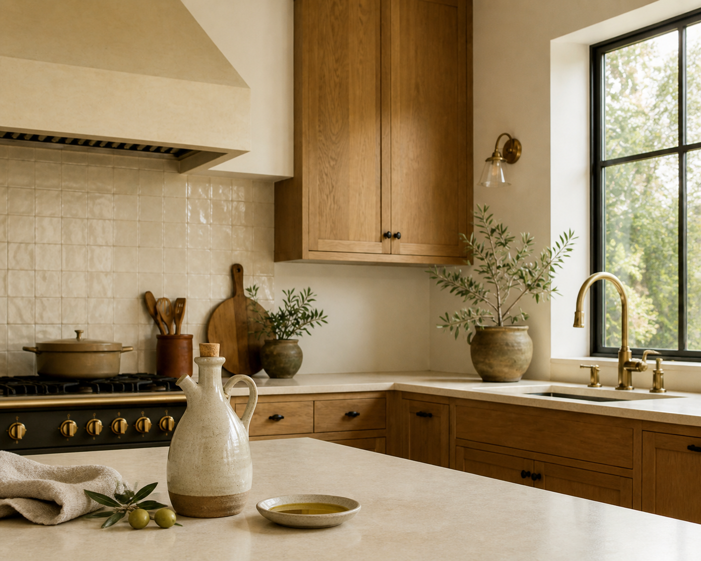 Rustic olive oil dispenser in a warm wood kitchen with range, cabinets, and sink