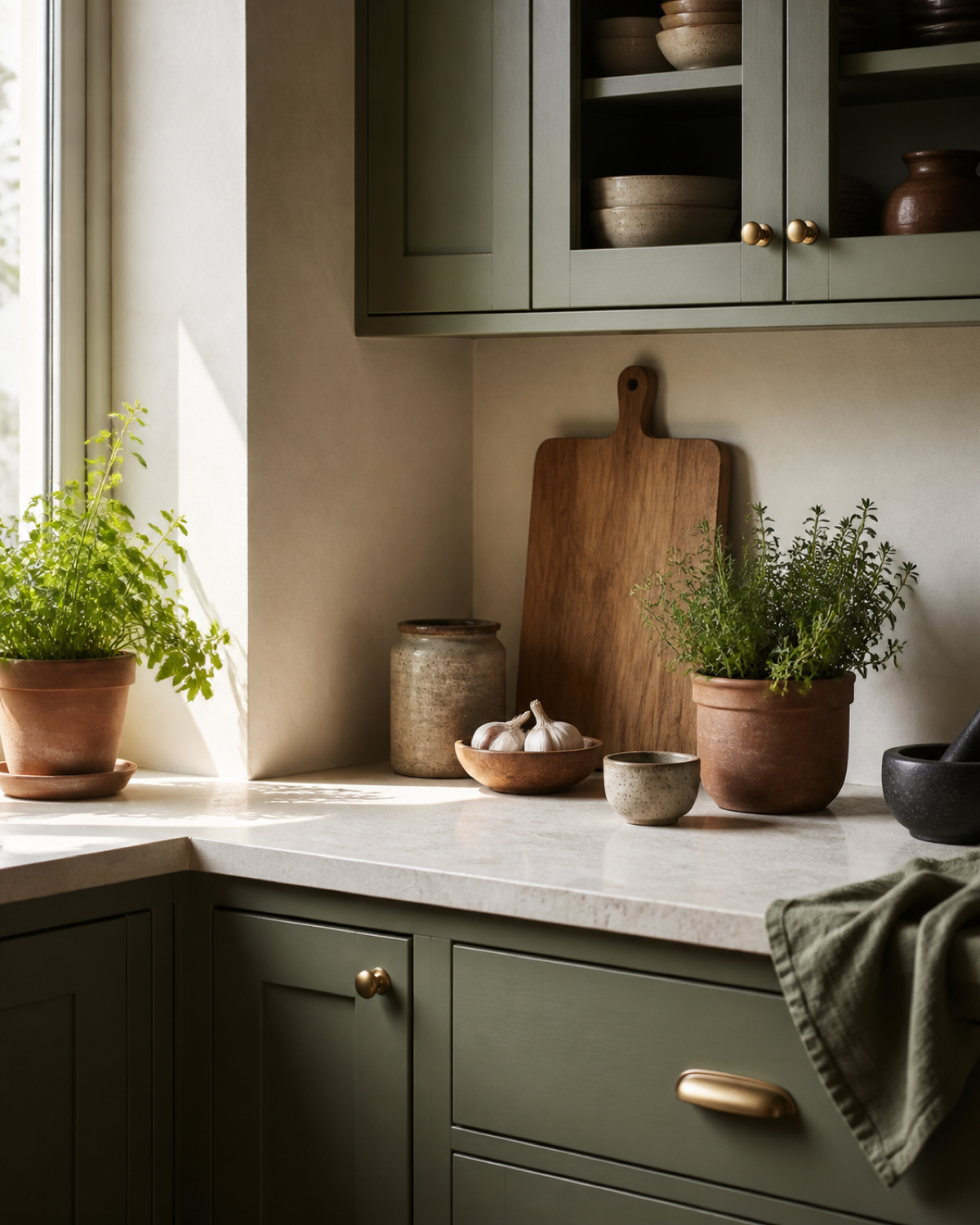A calm, well-organized kitchen counter